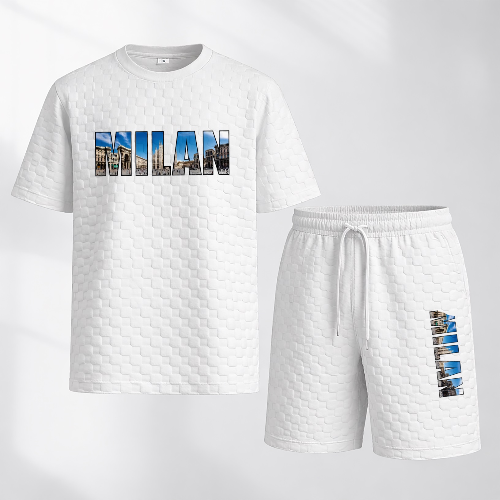 Camisa Spring and Summer Milan Letter estampado Checkered Fabric Drawstring shorts Set, casual Summer Outfit with de manga corta and shorts, Ideal for Everyday Wear and Sports Activities para hombre