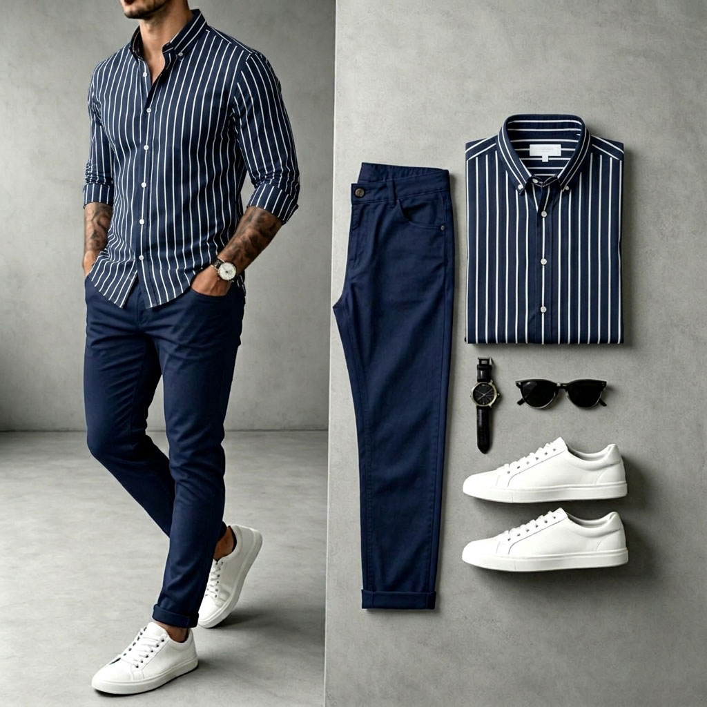 Camisa a rayas de manga larga and pantalón Set para hombre