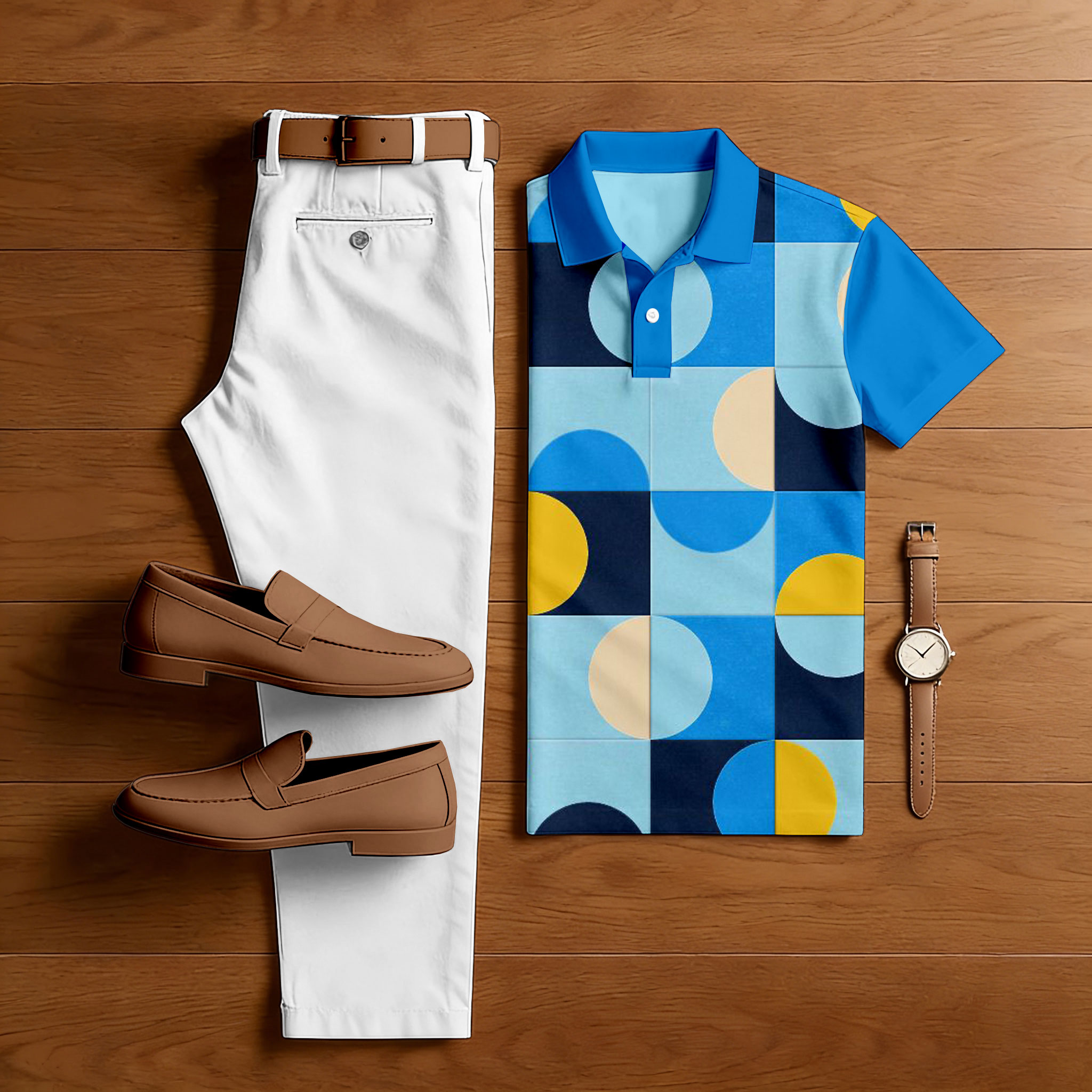 Conjunto de dos piezas casual en bloques de coloring Geometry estampado camisa polo And pantalón para hombre