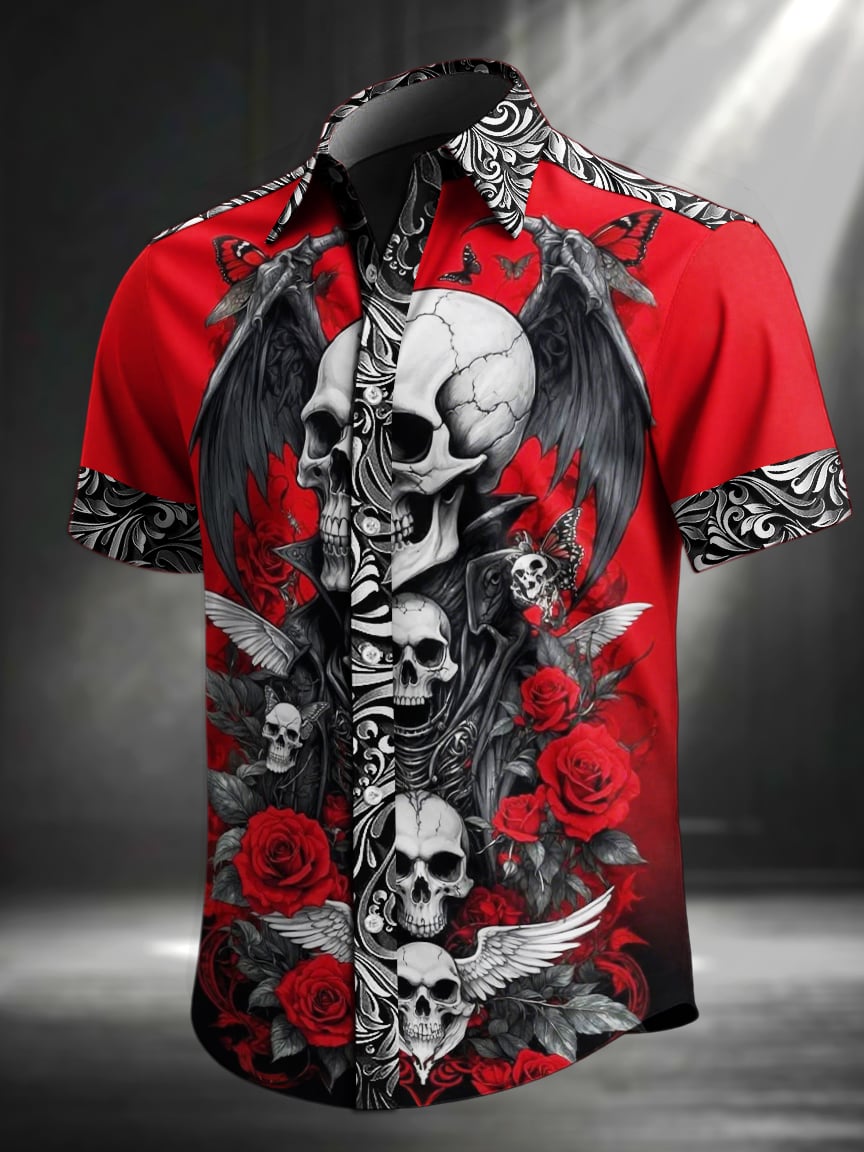 Camisa retro Skull estampado solapa de manga corta para hombre