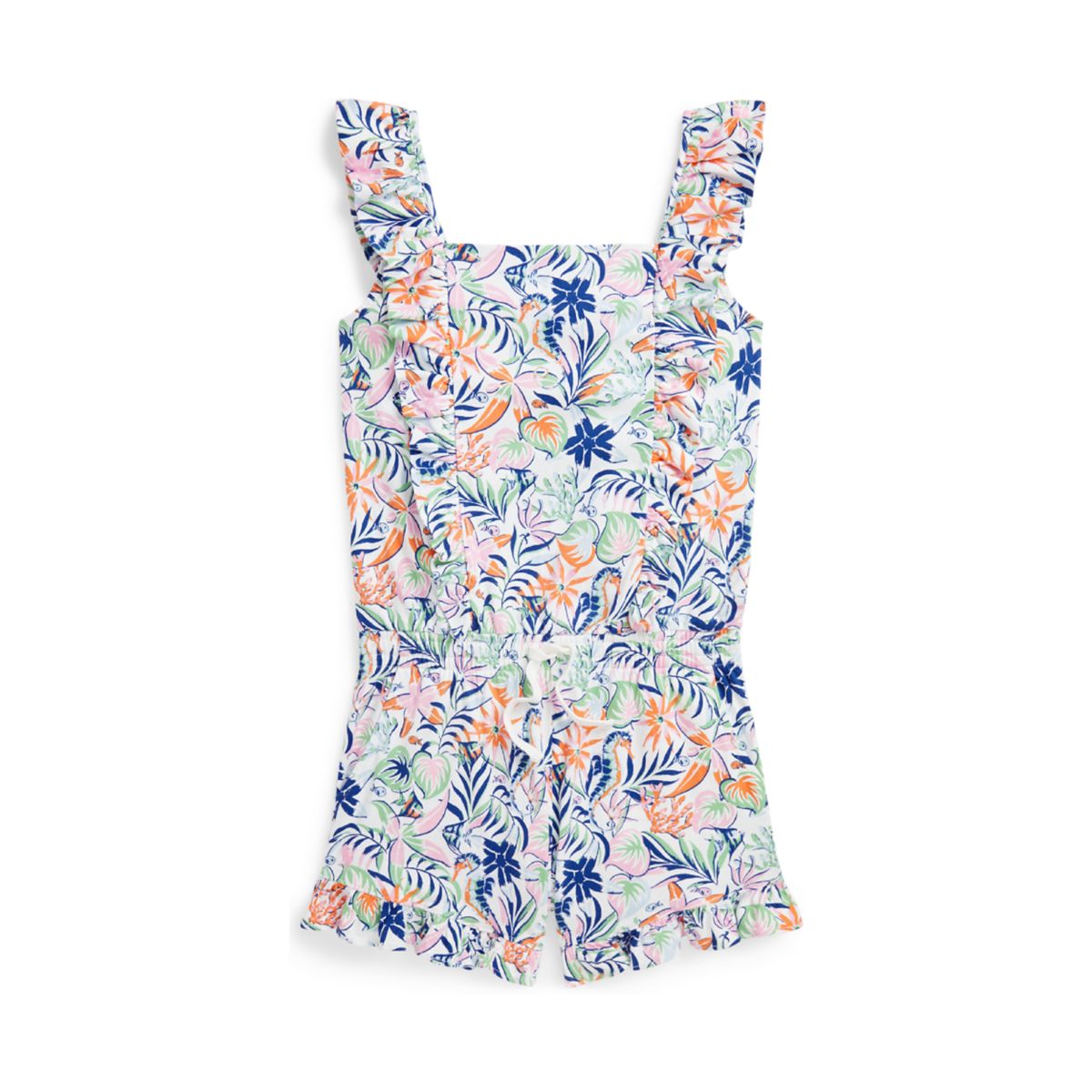 Girls 7-16 Tropical Print Ruffled Cotton Romper - 1