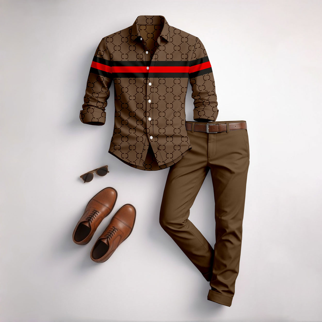 para hombre Dark Brown de manga larga camisa and pantalón Set