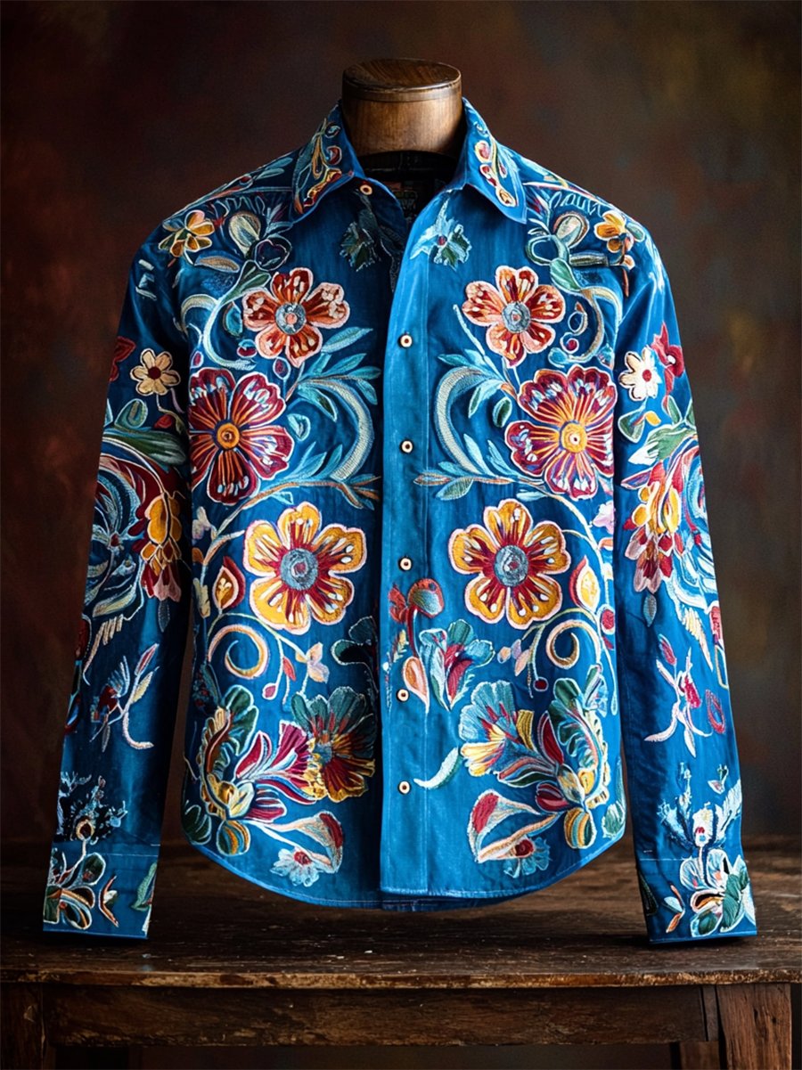 Camisa retro casual Western Ethnic estampado de manga larga para hombre