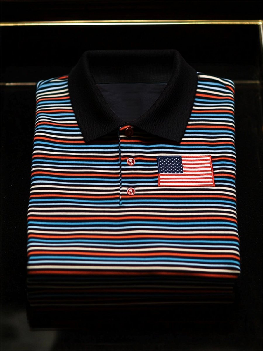 Camisa polo ejecutivo casual Independence Day a rayas Button de manga corta para hombre