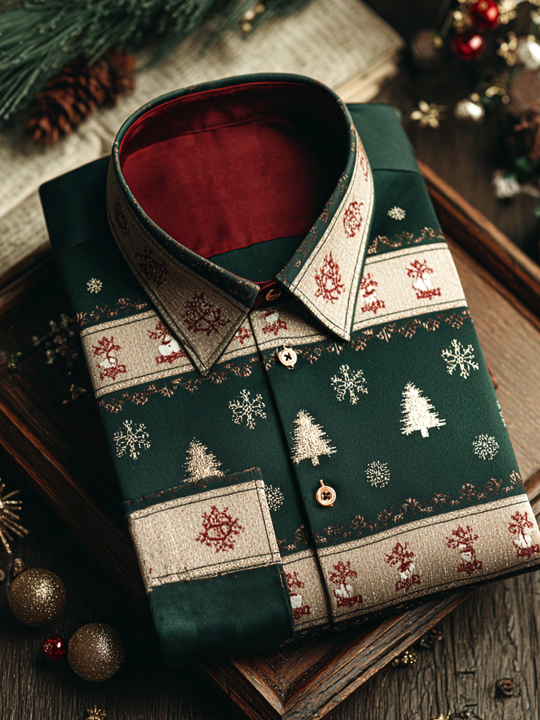Camisa satén de lujo Christmas Party de manga larga con botones para hombre
