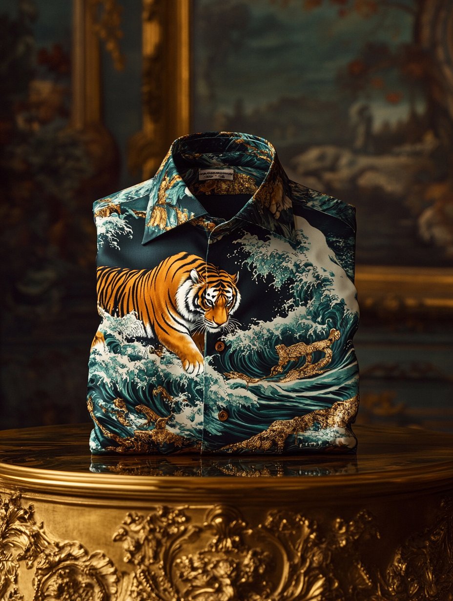 Camisa de lujo clásico Ukiyo-e de manga larga para hombre