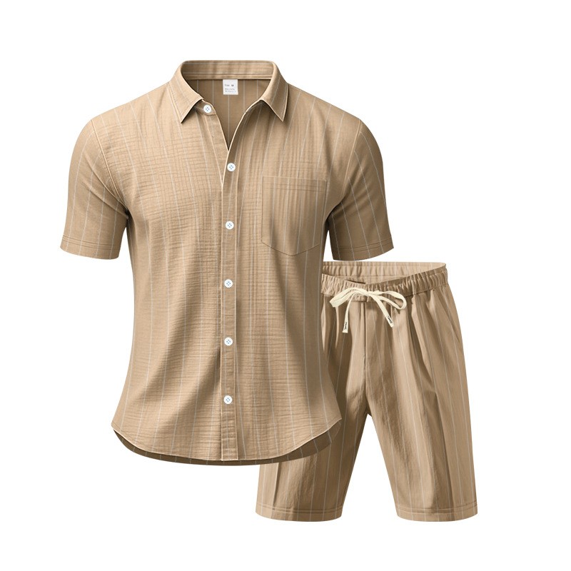 Conjunto de dos piezas a rayas de lino , casual de manga corta con botones camisa and Beach shorts Set, Lightweight transpirable Summer Outfit, holgado Fit Drawstring shorts, Comfortable elegante Set for Vacation Travel Resort para uso diario Wear Lounge para hombre