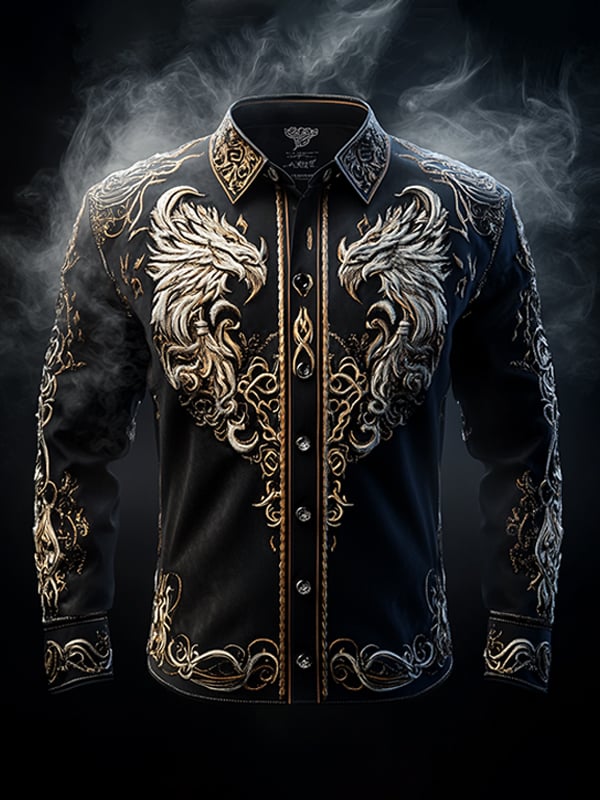 Camisa vintage Viking estampado de manga larga para hombre