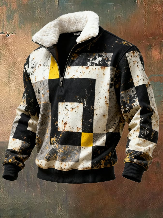 Sudadera retro en bloques de color estampado casual Fur cuello para hombre