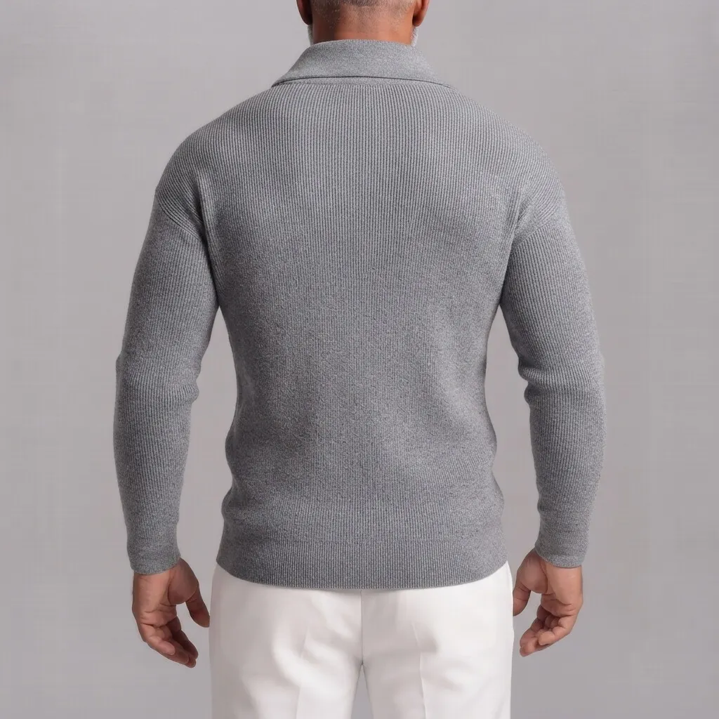 para hombre Gray Ribbed tejido Patch Pockets de corte entallado Full Zip Cardigan
