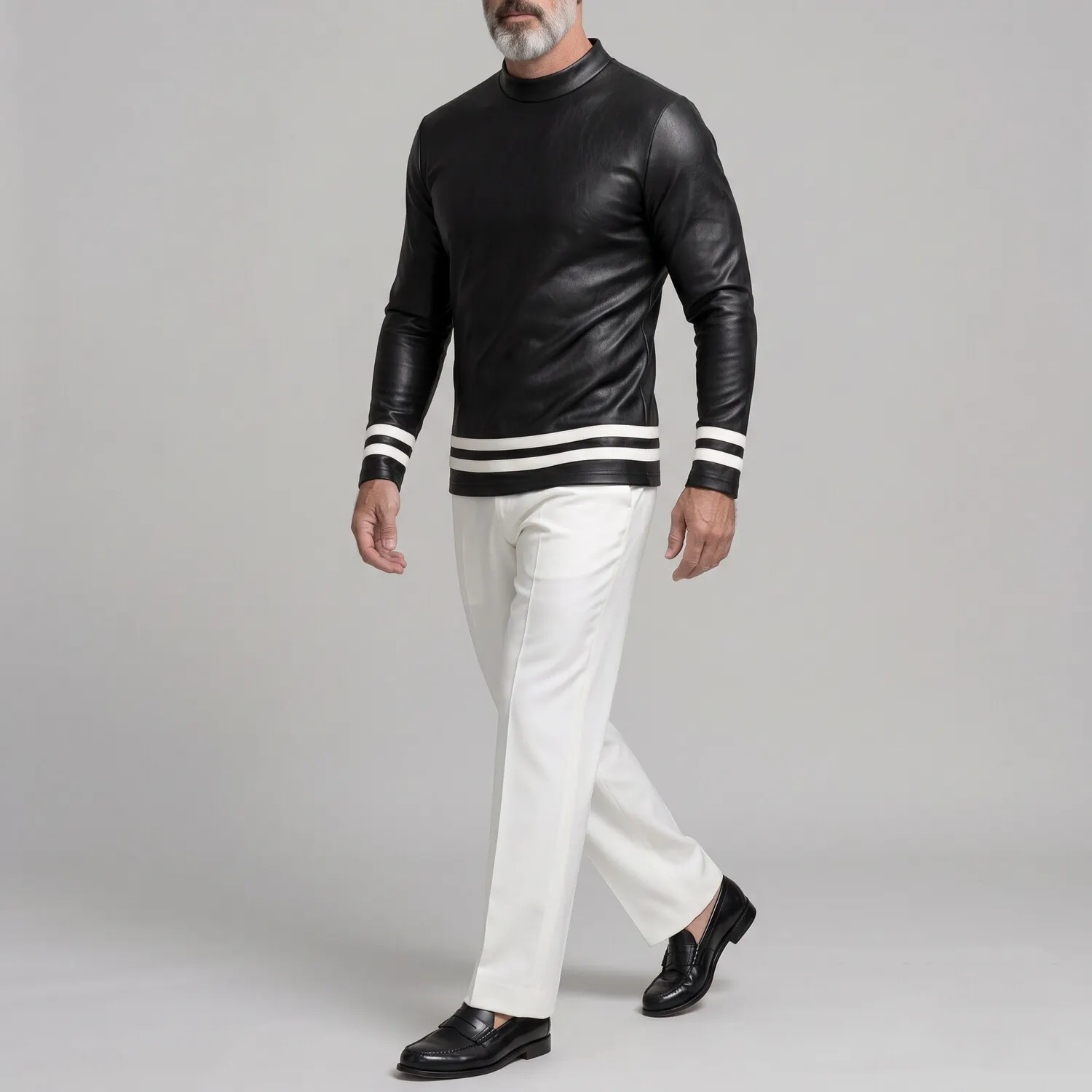 para hombre Black PU Leather Mock Neck Contrast a rayas Hem de manga larga camiseta
