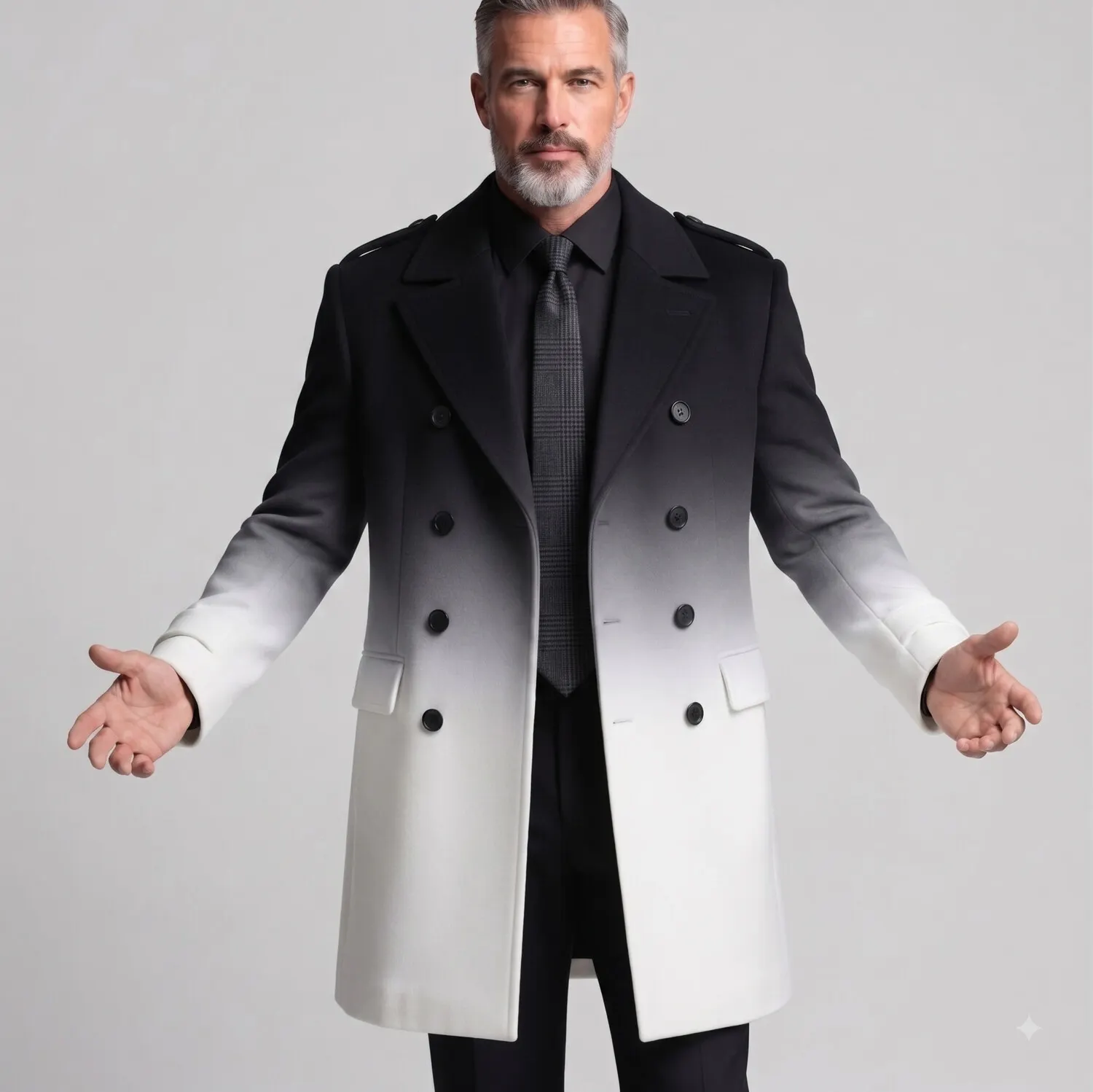 para hombre Black And White Gradient Double Breasted Notch Lapel Woolen Trench Coat