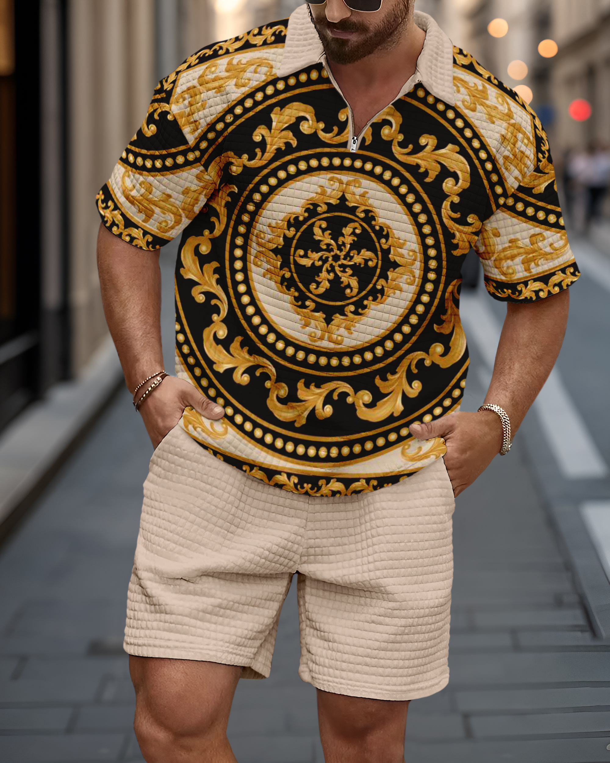 Casual waffle texture summer Polo Set 037 para hombre