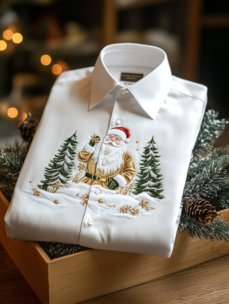 Camisa ejecutivo de lujo Santa Claus Snowflake Evergreen holgado de manga larga para hombre