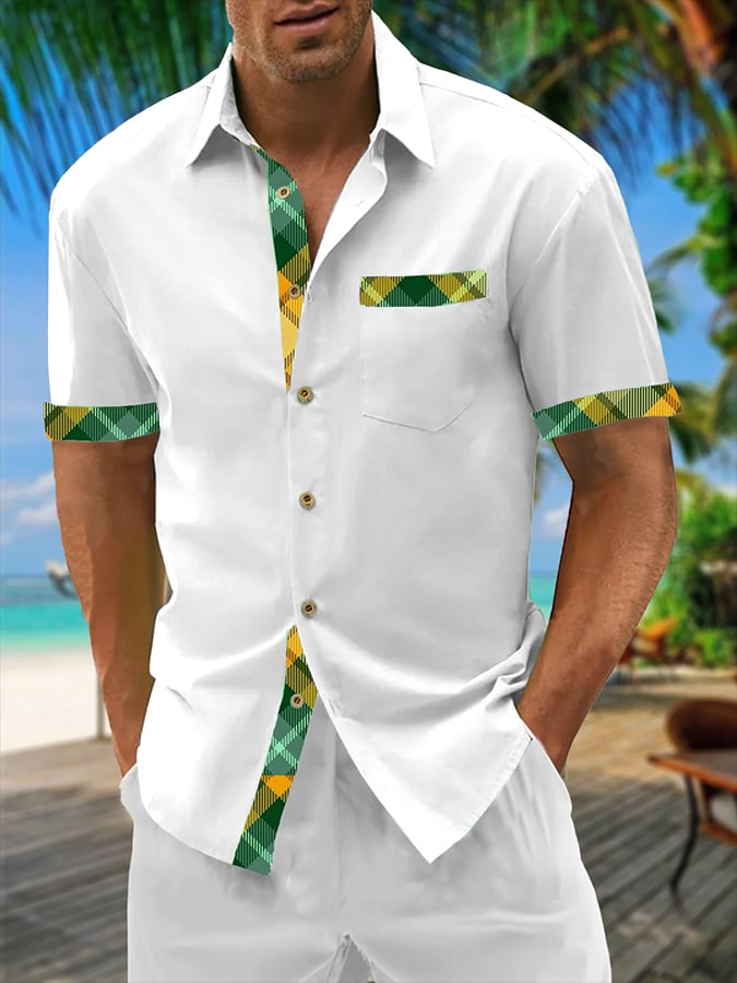 Camisa Resort Style Contrast estampado casual de manga corta para hombre