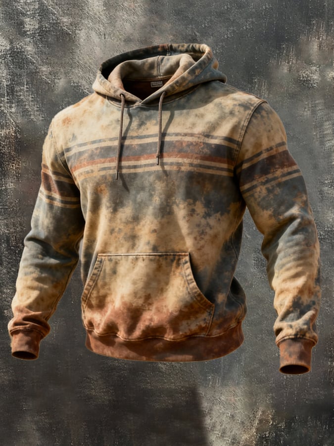 Sudadera retro desgastado en bloques de color estampado casual de manga larga para hombre