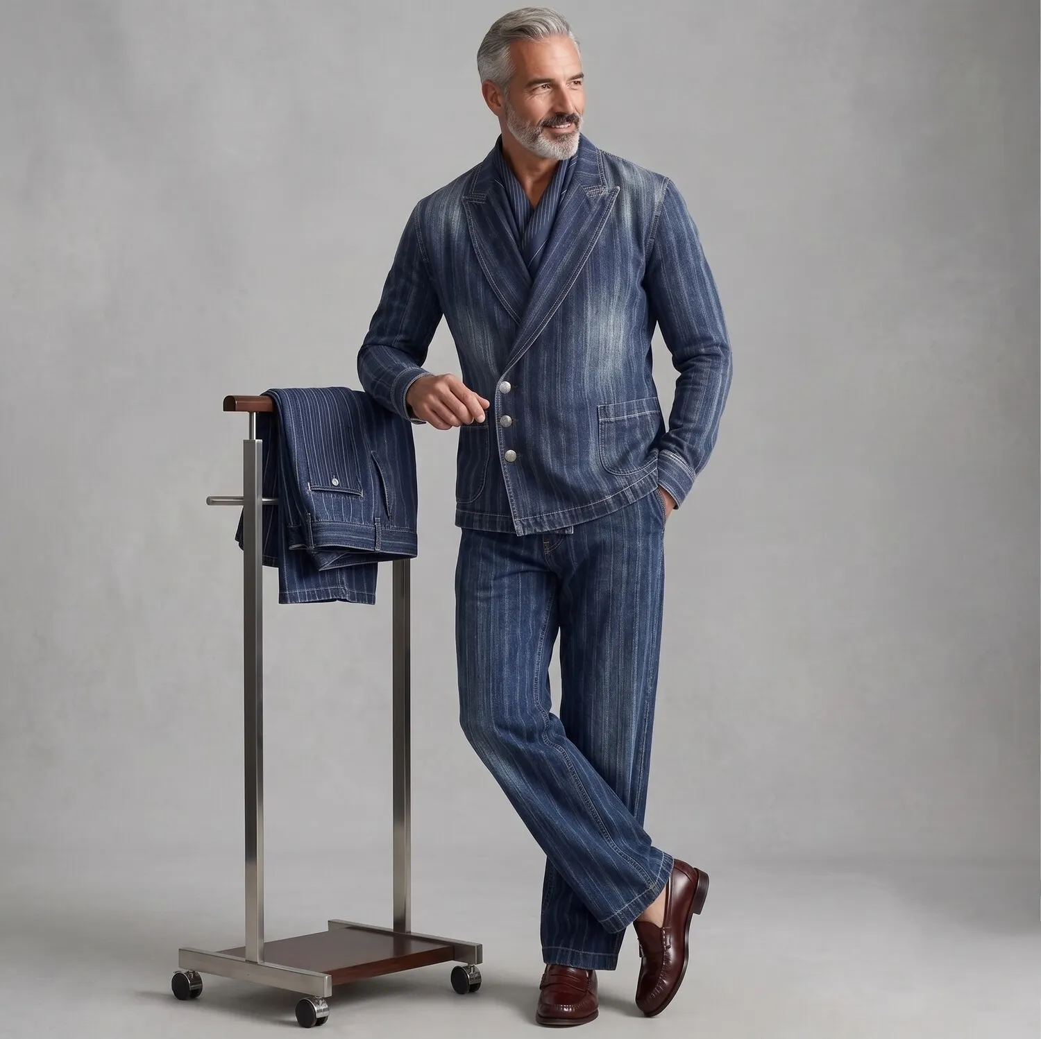 para hombre Navy Blue a rayas Denim Peak Lapel Asymmetric Single Breasted saco