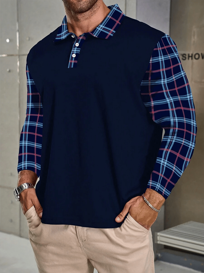 Camisa polo a cuadros ejecutivo casual de manga larga para hombre