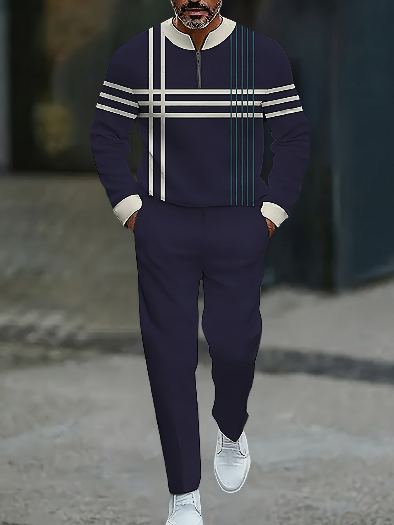 Conjunto de dos piezas casual Navy Blue & Apricot Color Matching a rayas estampado Round-Neck Zipper de manga larga Trousers para hombre