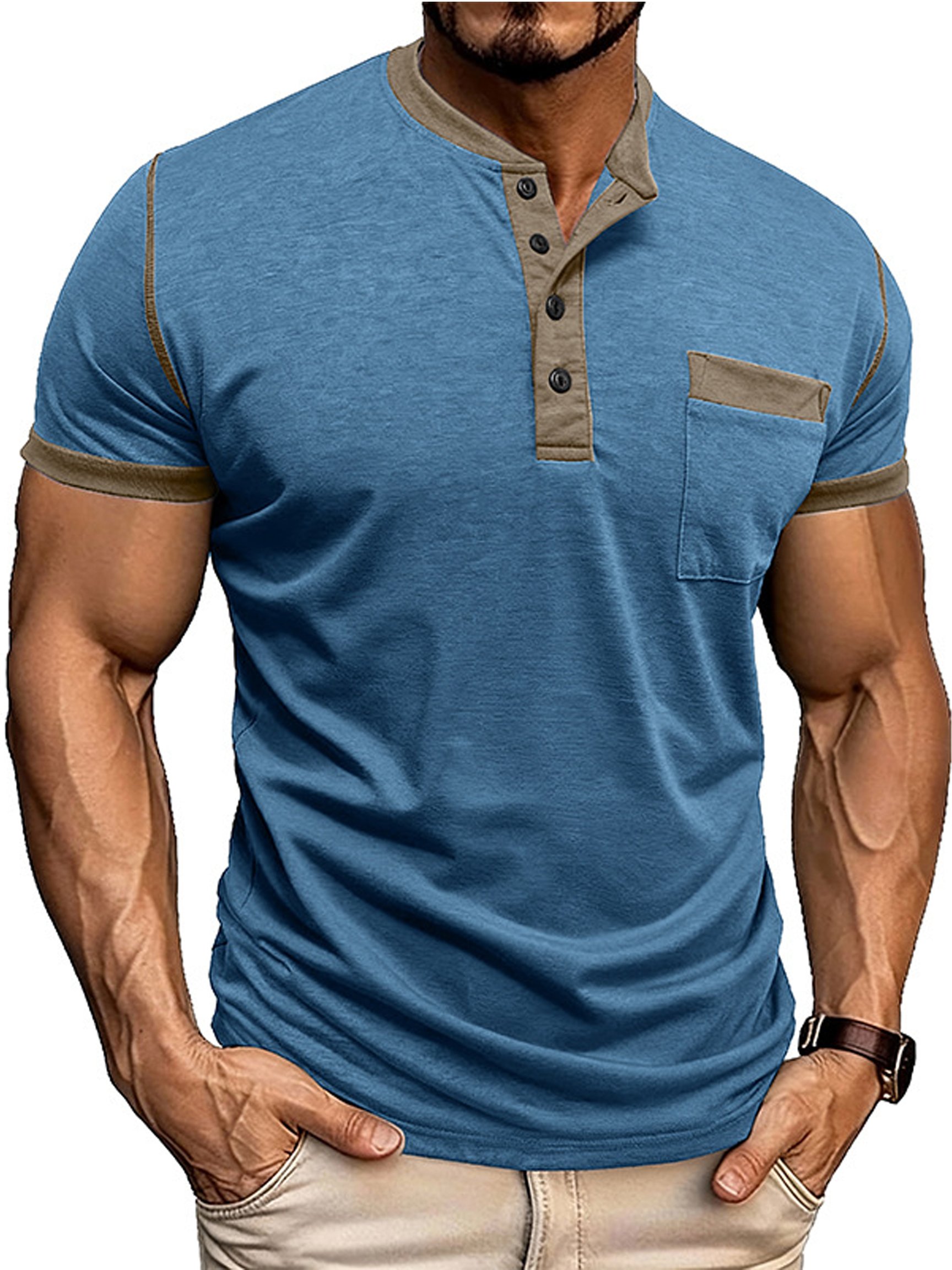 Camiseta vintage Comfortable Henley Neck de manga corta para hombre