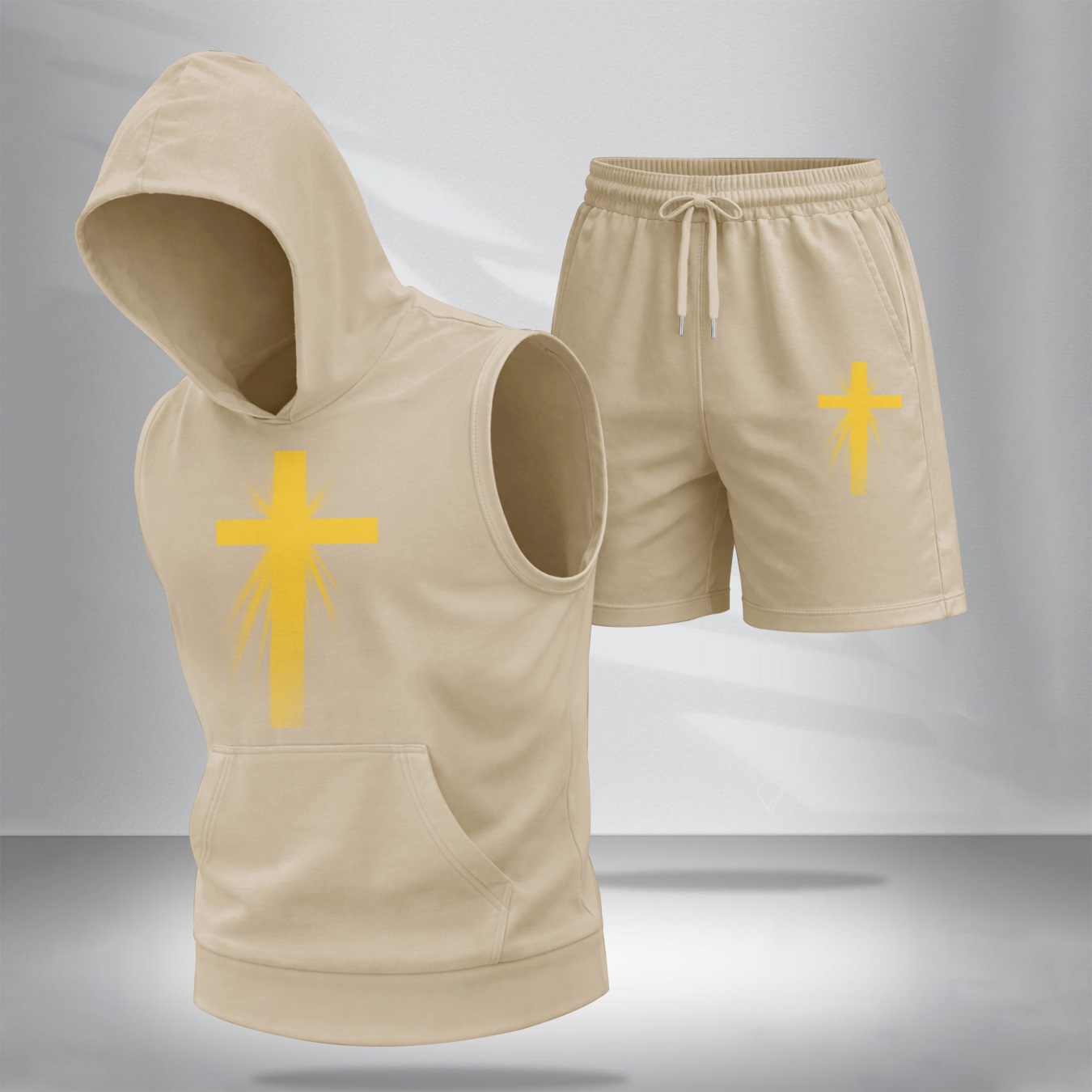 Conjunto de dos piezas Summer – Sleeveless sudadera con capucha & shorts, Faith & Prayer-Inspired Cross Design, casual Regular Fit Summer Outfit, Athletic Streetwear, Lightweight Summer Tracksuit para hombre