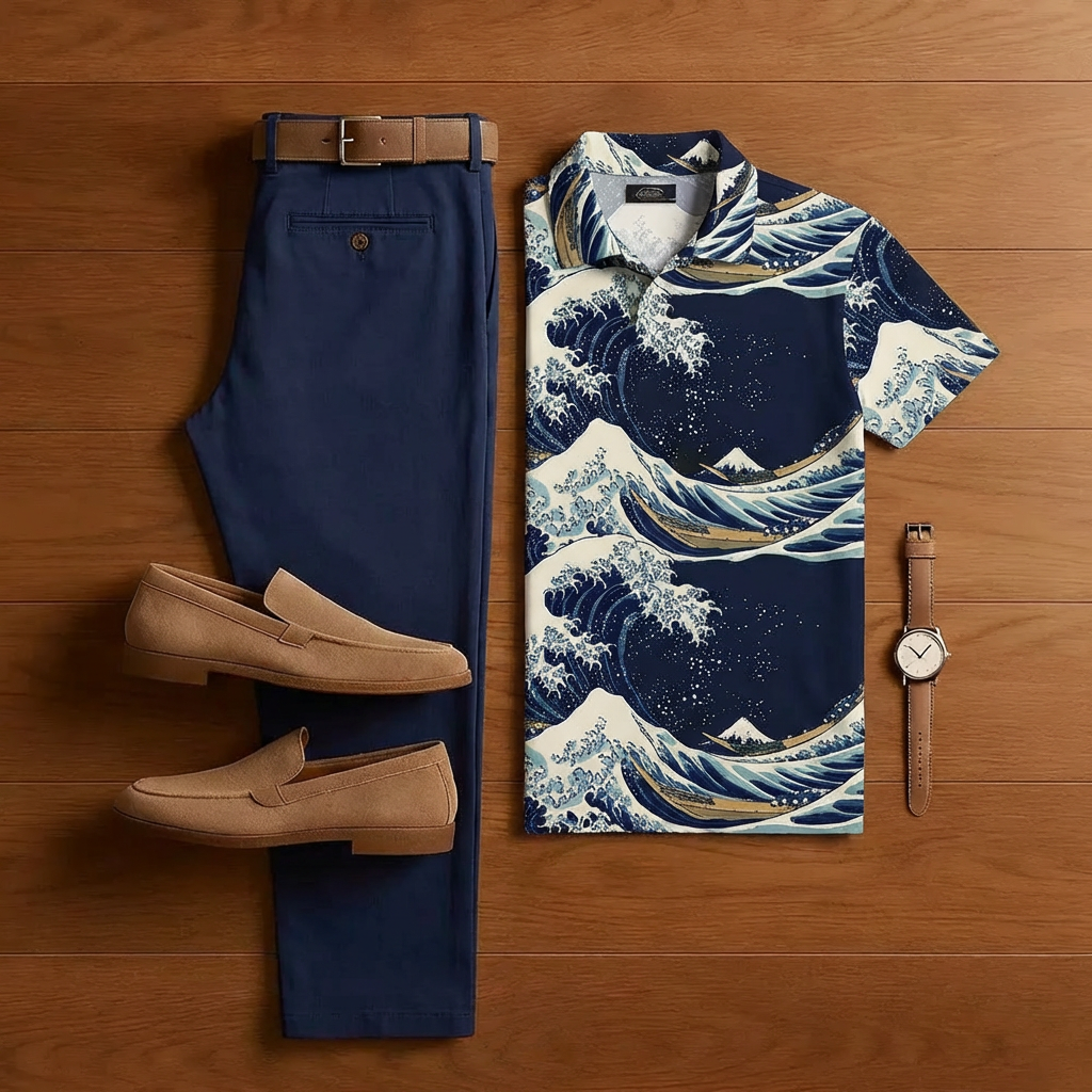 Conjunto de dos piezas casual Blue Surf estampado de manga corta camisa And Trousers para hombre
