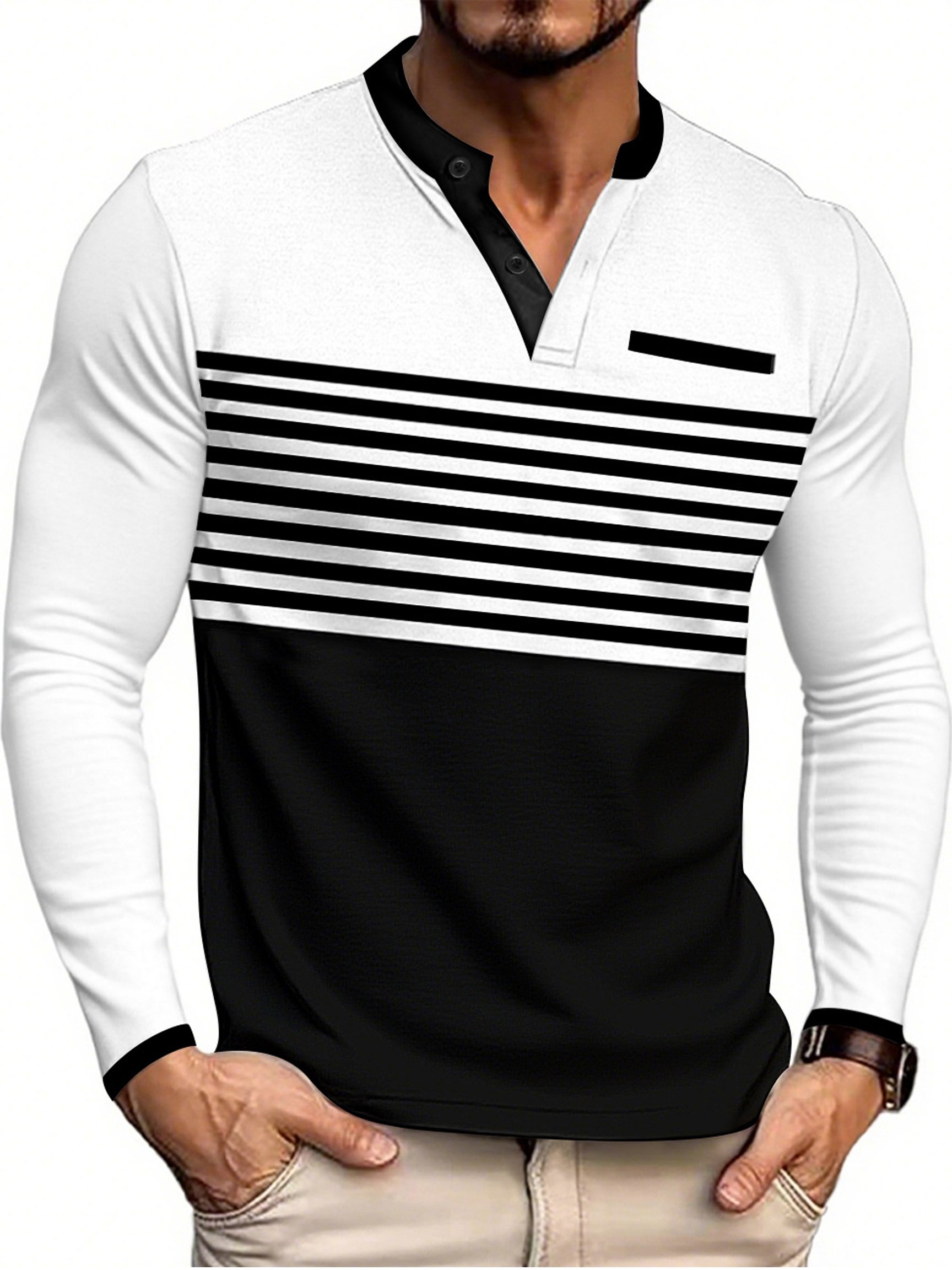 Camiseta casual Color-Block Patchpara trabajo Henley Neck de manga larga para hombre