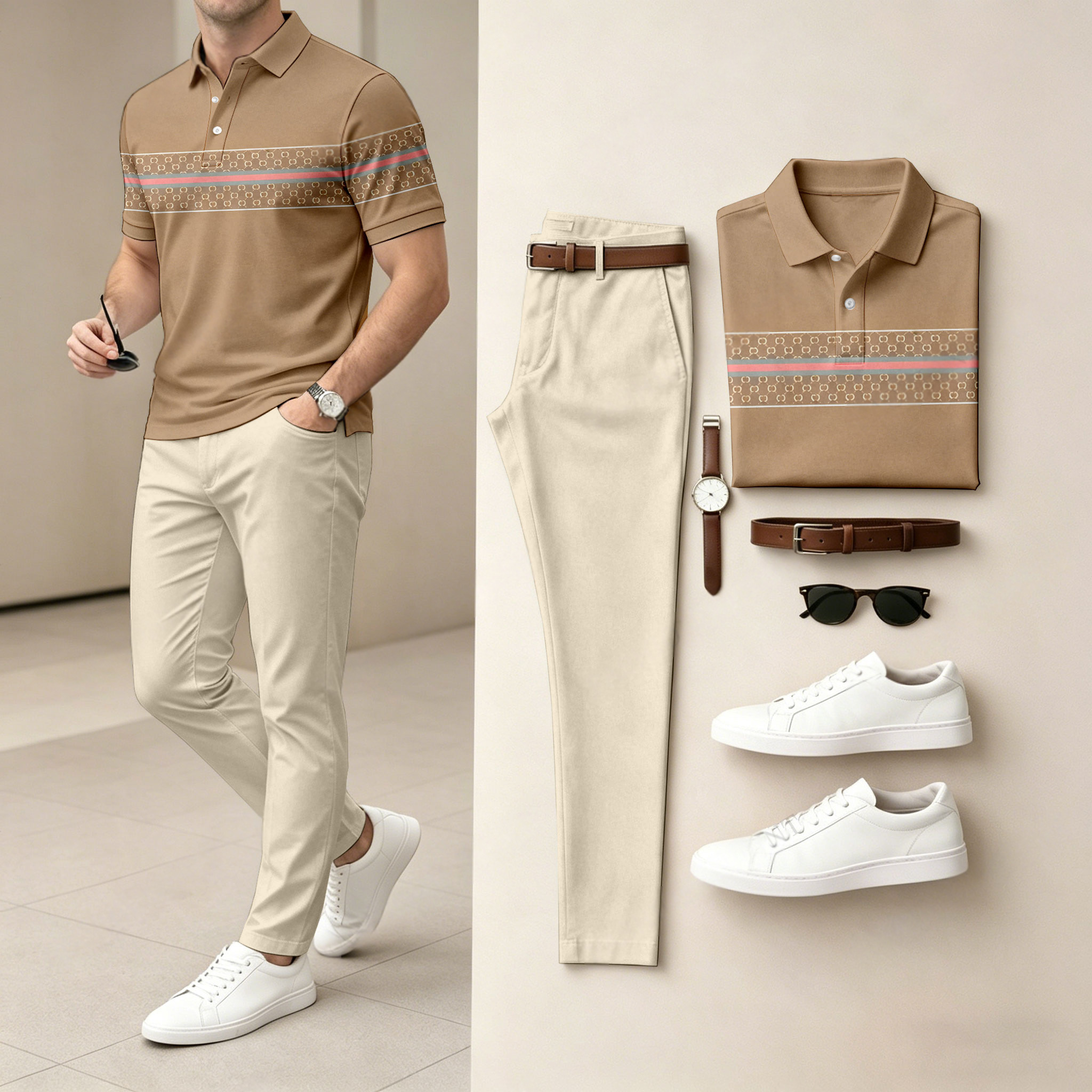 Conjunto de dos piezas casual Brown estampado camisa polo And pantalón para hombre