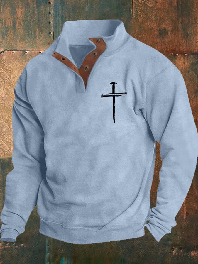 Sudadera Faith Cross estampado Stand cuello Button para hombre