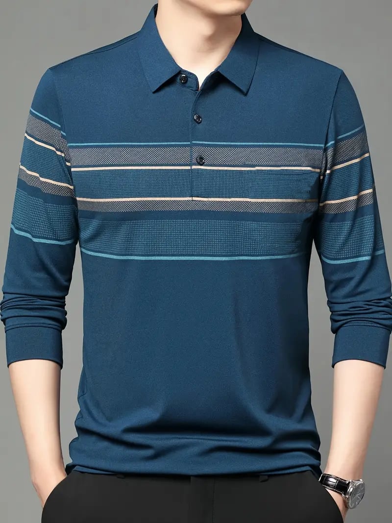 Camisa polo ejecutivo casual a rayas de manga larga para hombre