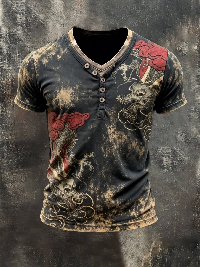 Retro estampado en bloques de color Double-Layer V-Neck de manga corta Top para hombre