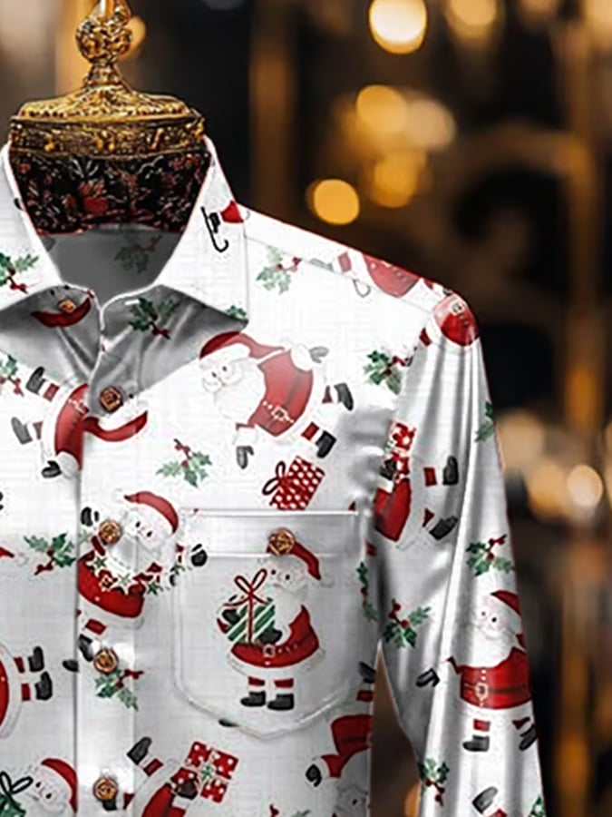 De lujo Christmas Contrast estampado de manga larga Pockecamiseta para hombre