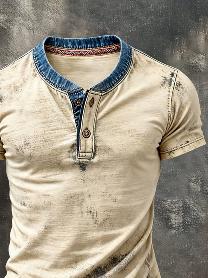 Retro Pure de algodón Washed desgastado Color-Blocked Henley cuello de manga corta Top para hombre