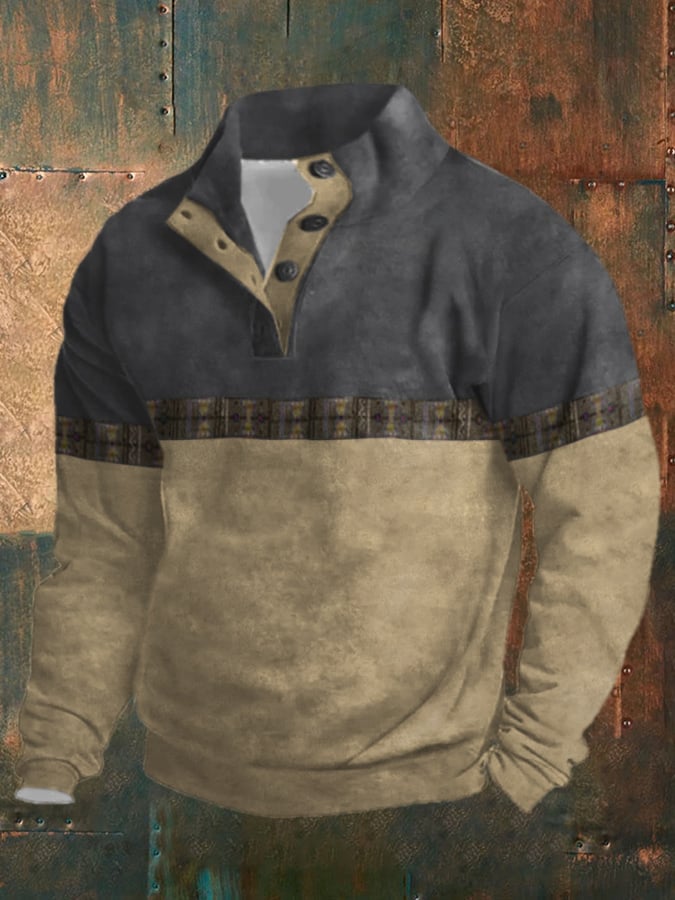 Sudadera retro Western en bloques de color estampado de manga larga para hombre