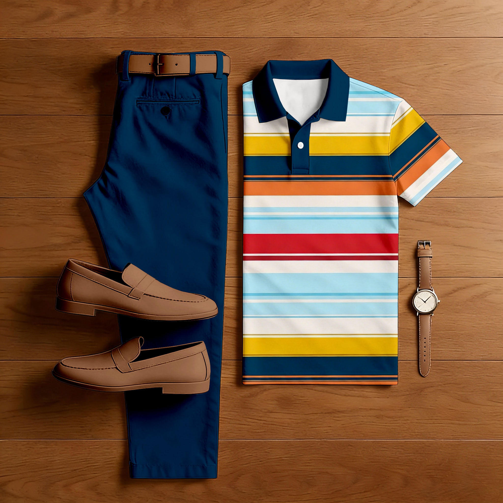 Conjunto de dos piezas casual Royal Blue & Multi Color Matching a rayas estampado de manga corta camisa polo & Trousers para hombre
