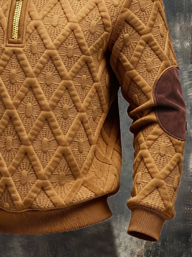 Sudadera retro jacquard texturizado Patchpara trabajo Comfortable Color-Blocked con cierre para hombre
