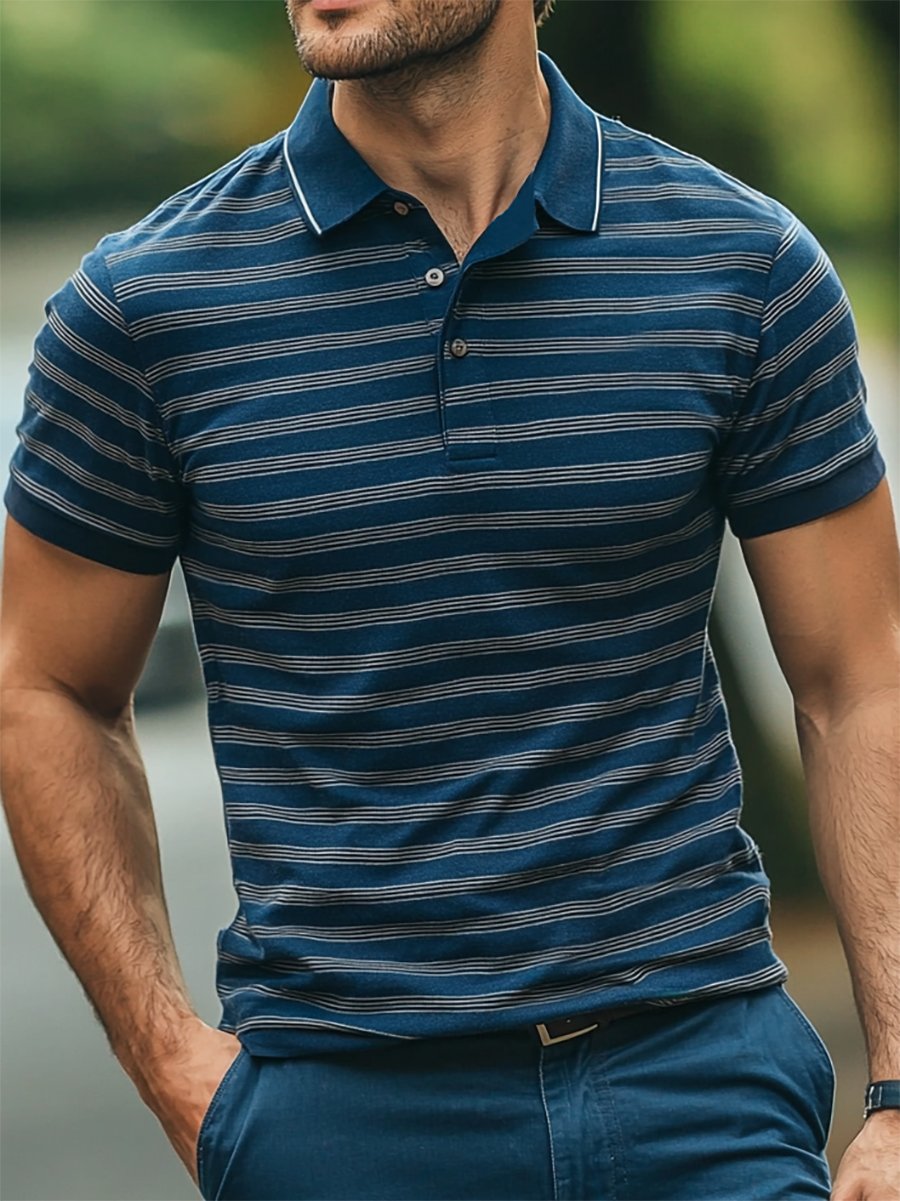 Camisa polo casual ejecutivo rayas estampado con botones de manga corta para hombre