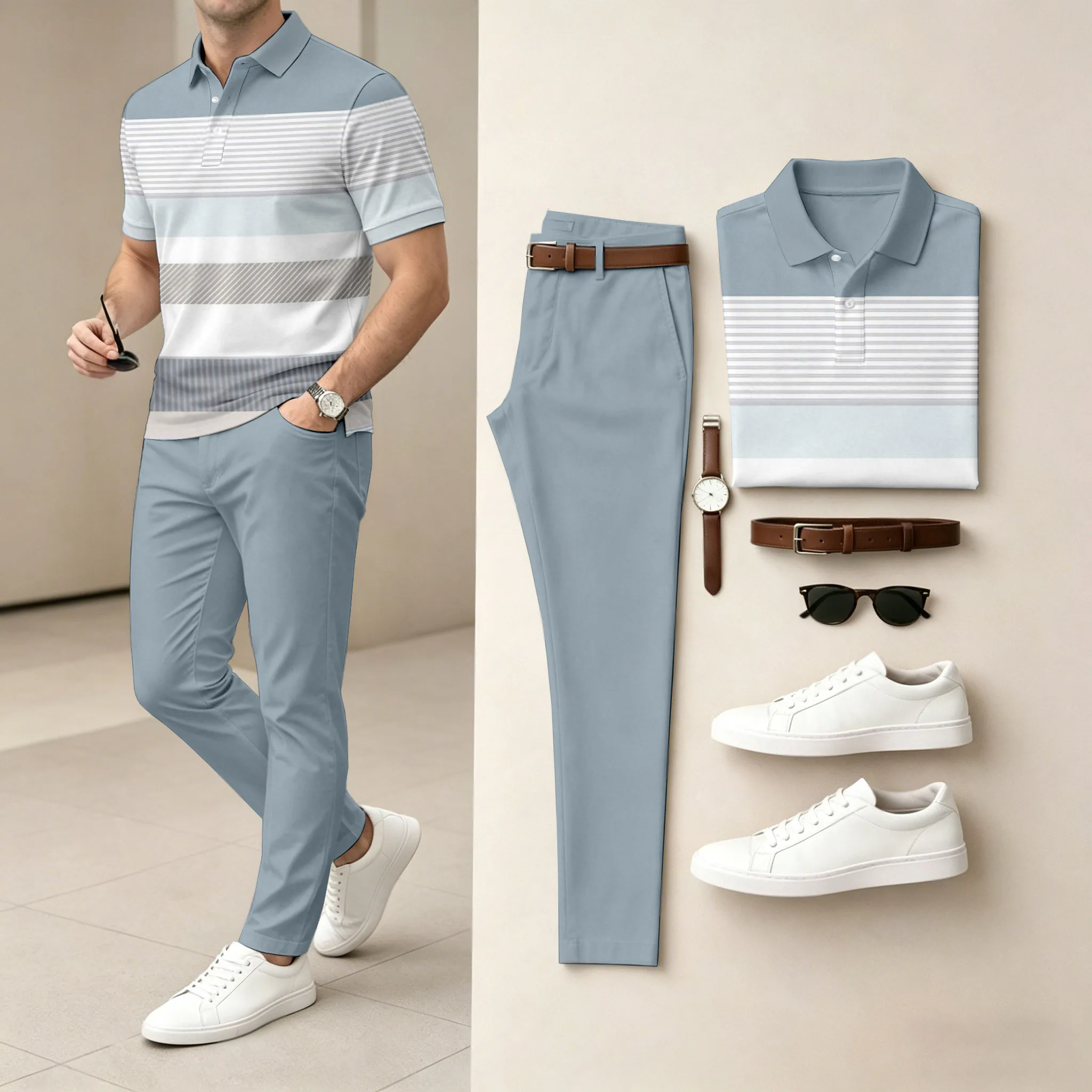Conjunto de dos piezas casual Color-Blocked rayas estampado camisa polo And pantalón para hombre