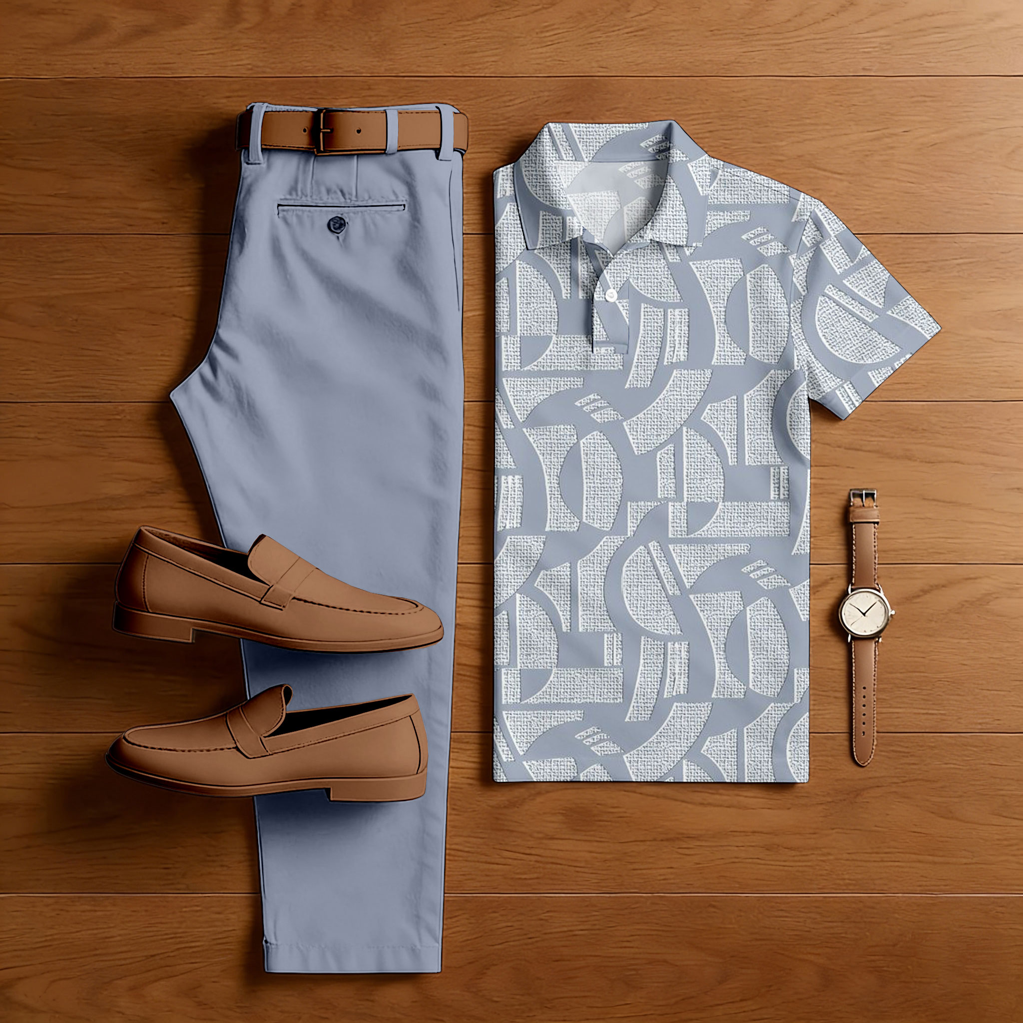 Conjunto de dos piezas casual Purple & White Color Matching Geometric estampado de manga corta camisa polo & Trousers para hombre