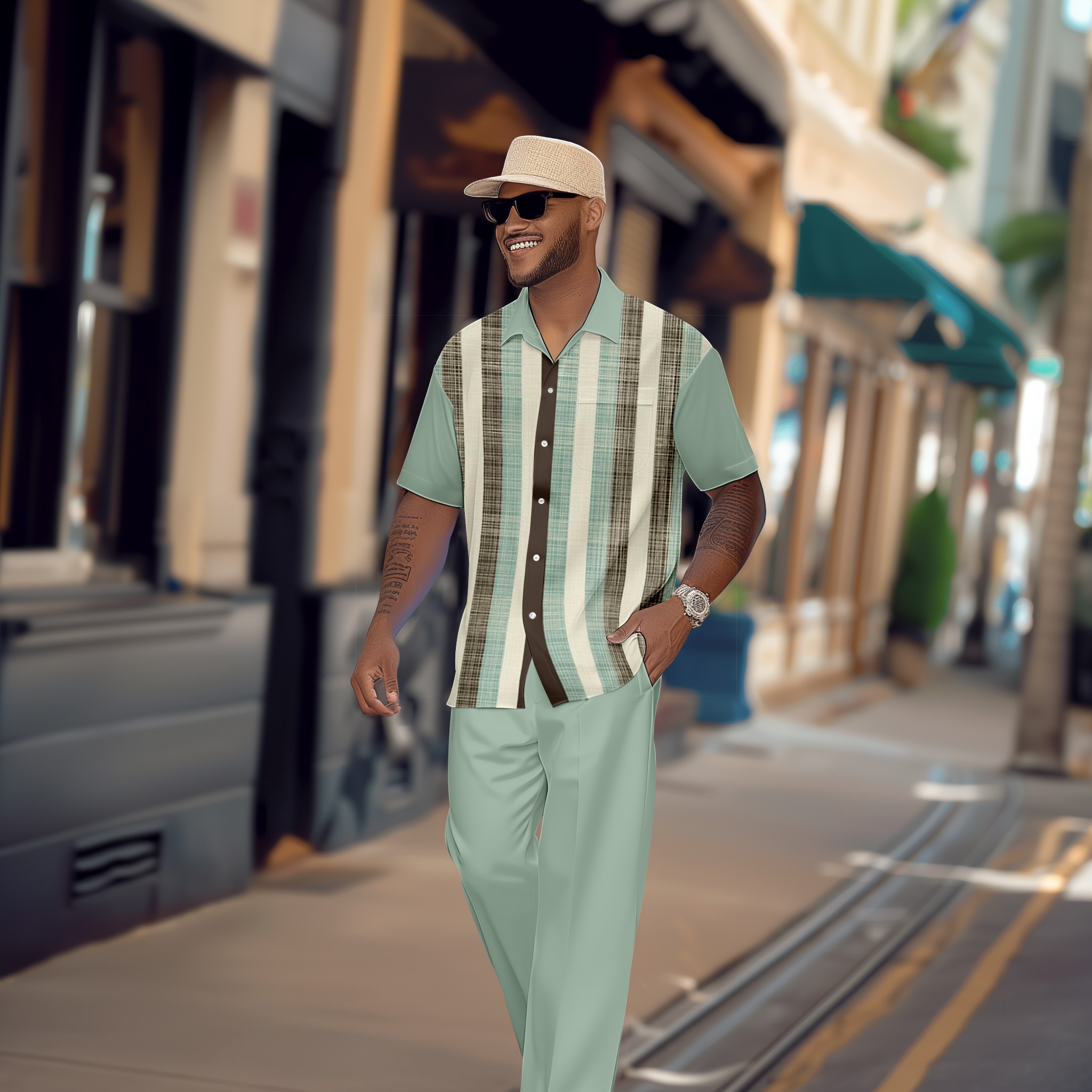 Camisa Gradient en bloques de color de manga corta Walking Suit 1144 para hombre