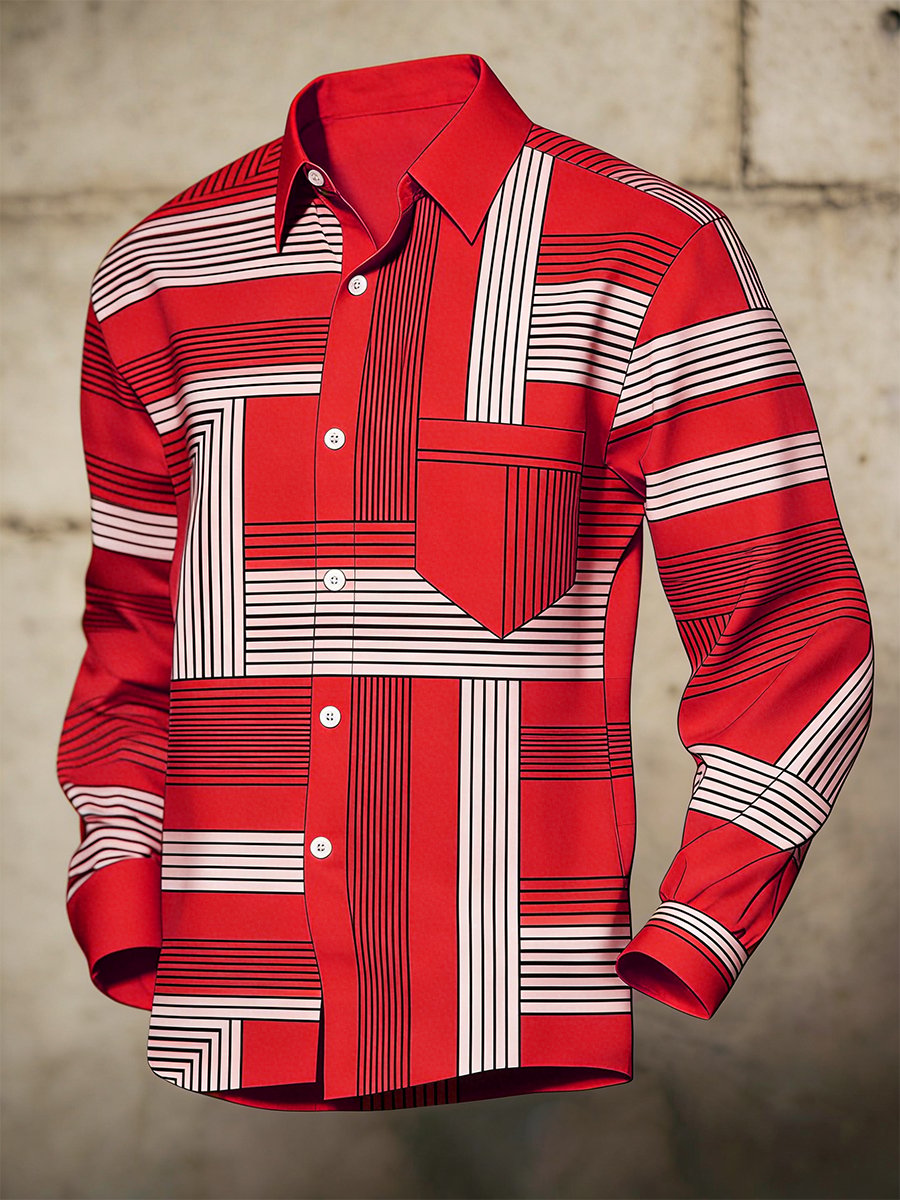 Camisa retro ejecutivo Bag House Geometric de manga larga para hombre