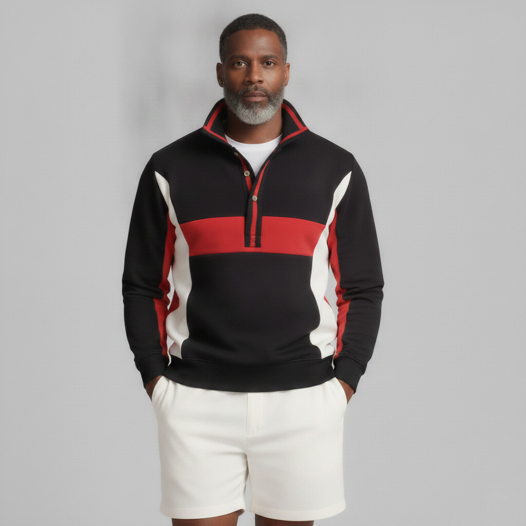 Sudadera de moda Colorblock Stand Collar Half Placket Pullover para hombre