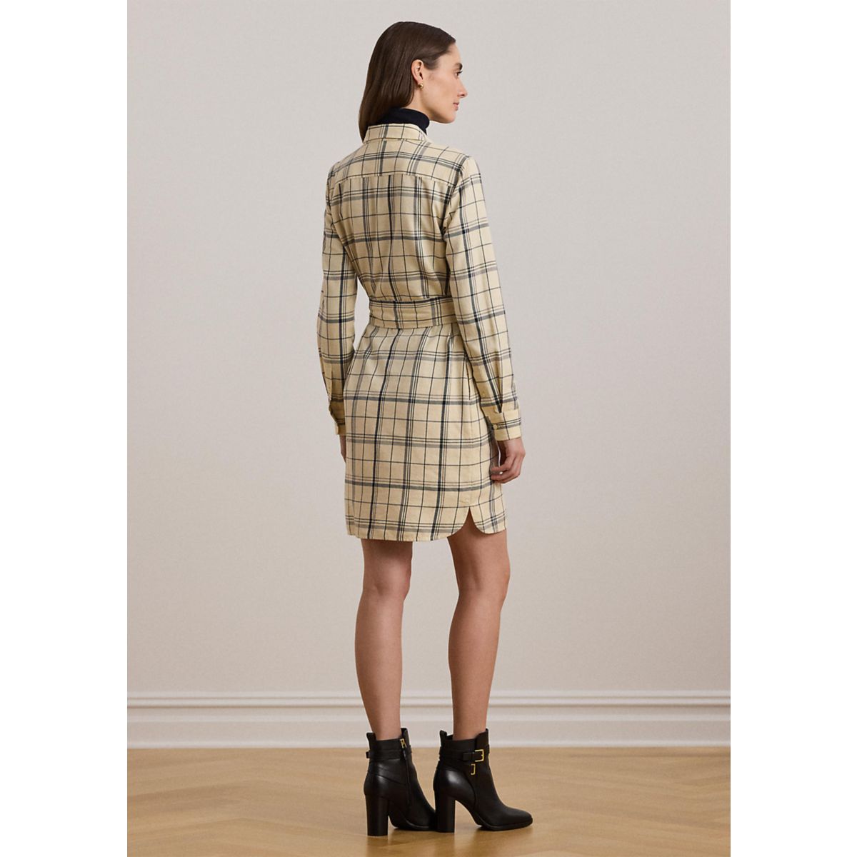 Women's Plaid Belted Twill Cotton Shirtdress - 2