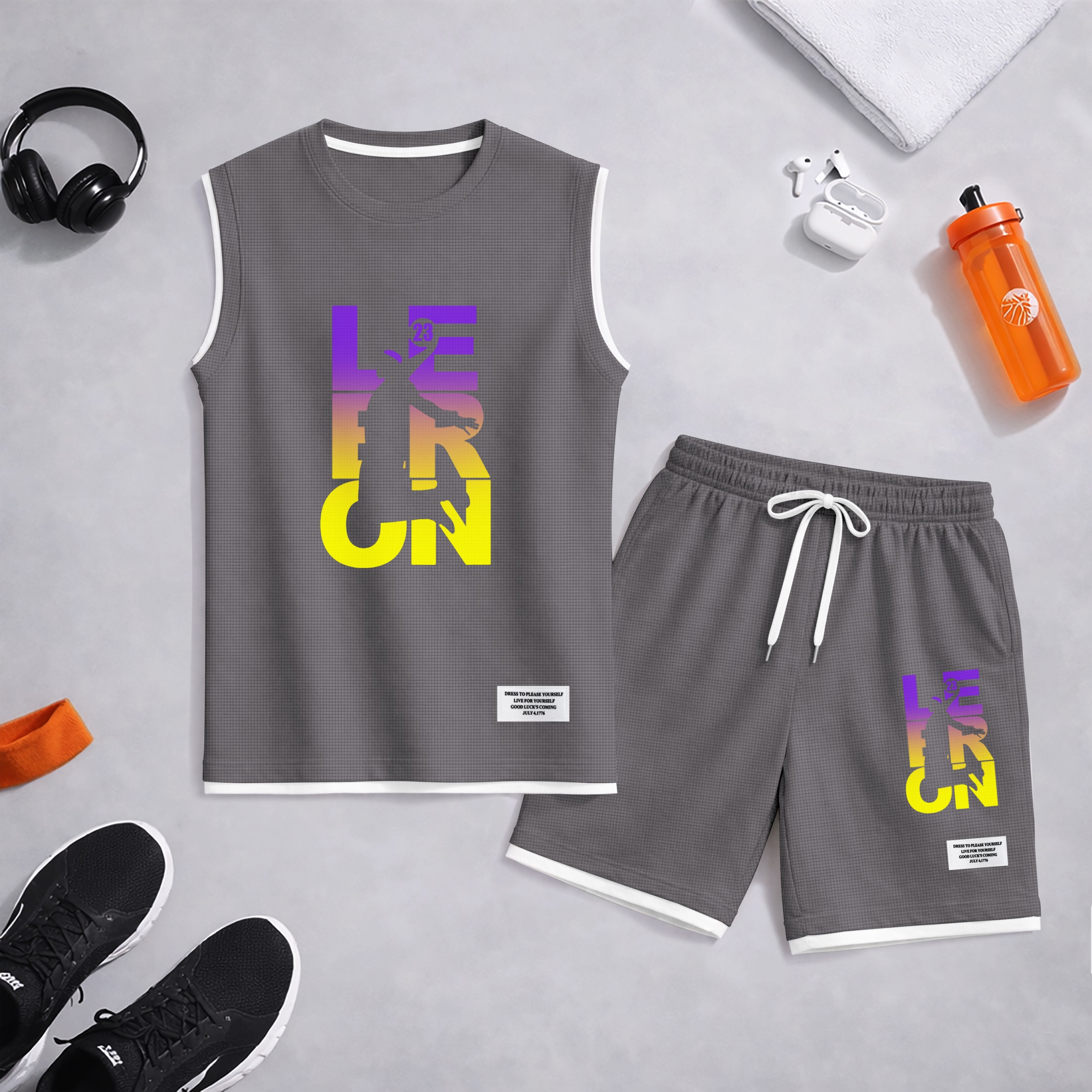 Shorts Basketball Gradient Letter Graphic estampado Summer Set Sleeveless Tank Top & Matching Outfit, Lightweight casual Streetwear Athletic Set for Everyday & Holiday para hombre