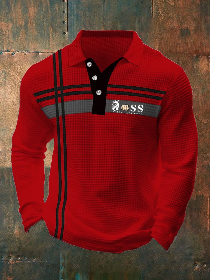 Camisa polo retro Lettering Design Waffle Fabric de manga larga para hombre