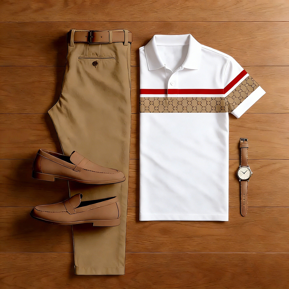 Conjunto de dos piezas casual White Color Matching a rayas estampado de manga corta camisa polo & Khaki Trousers para hombre