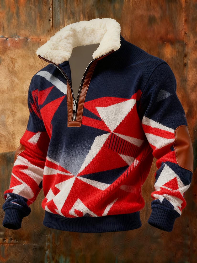 Sudadera retro geométrico Quarter Zip polar Neck para hombre