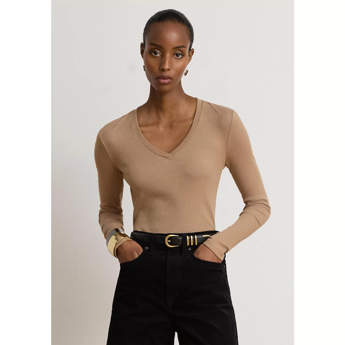 Women's Rib-Knit Long-Sleeve V-Neck Top - 3