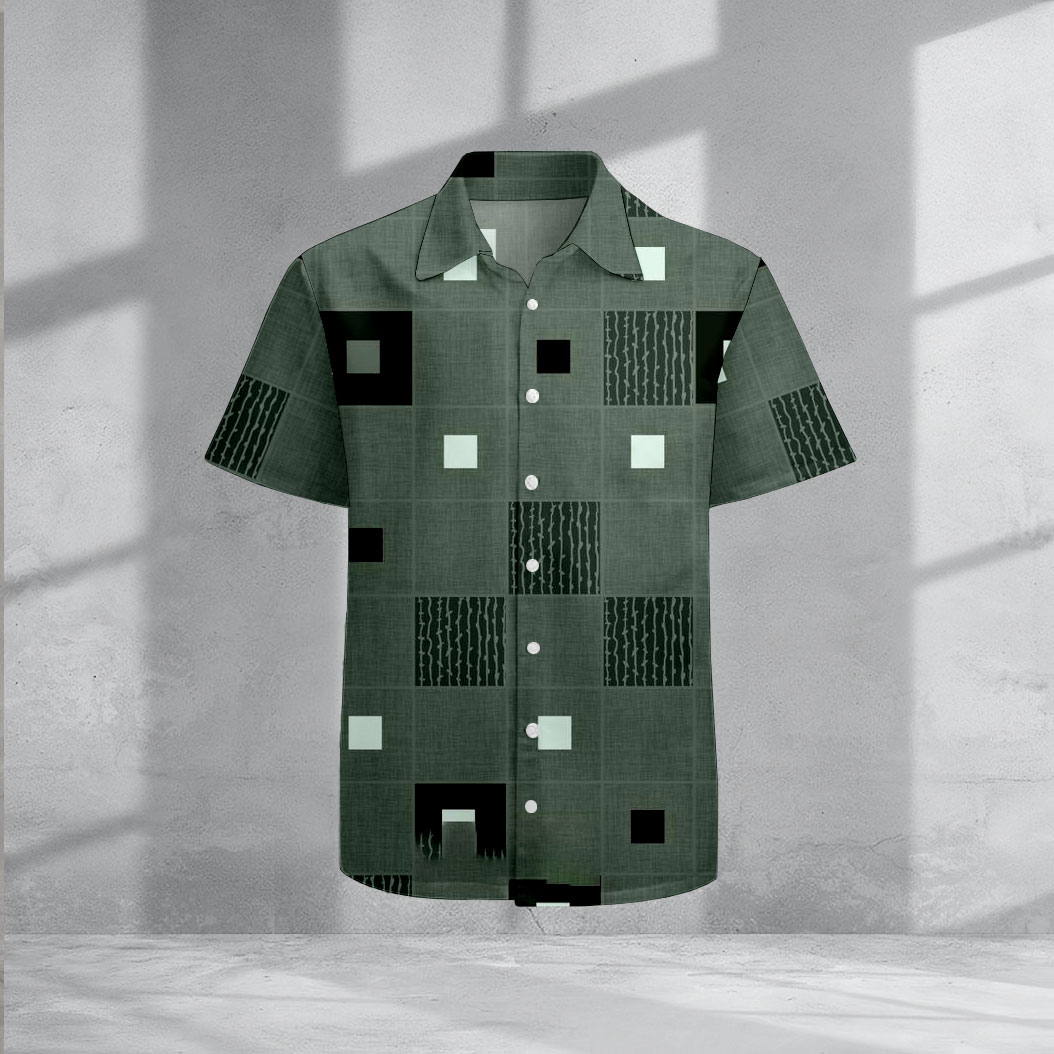 Casual Lapel Dark Green Geometric estampado de manga corta camisas para hombre