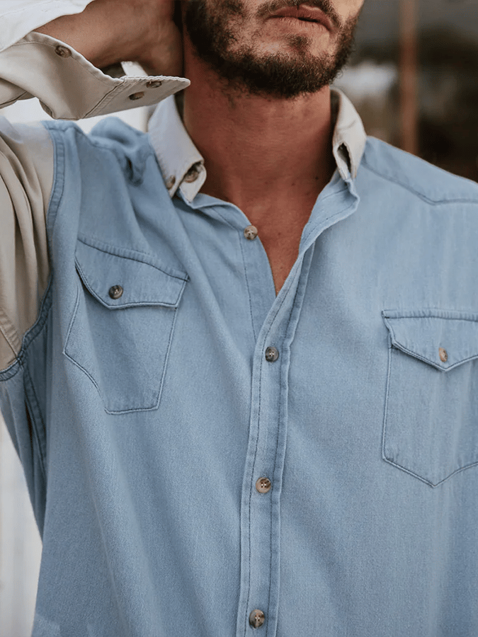 Camisa retro Western Ethnic Style de color sólido para hombre